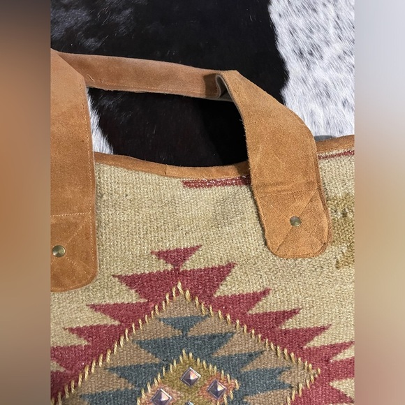 VTG‎ Scully Southwestern Boho Textile Kilim Leather Aztec Shoulder Tote Bag - Picture 2 of 6